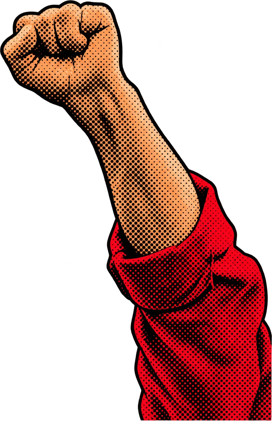 Punho cerrado em halftone de três cores, manga vermelha arregaçada